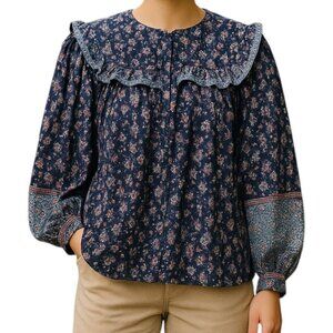 Joie Women's Navy Blue Peasant Ditzy Boho Floral Button Front Blouse - Size M